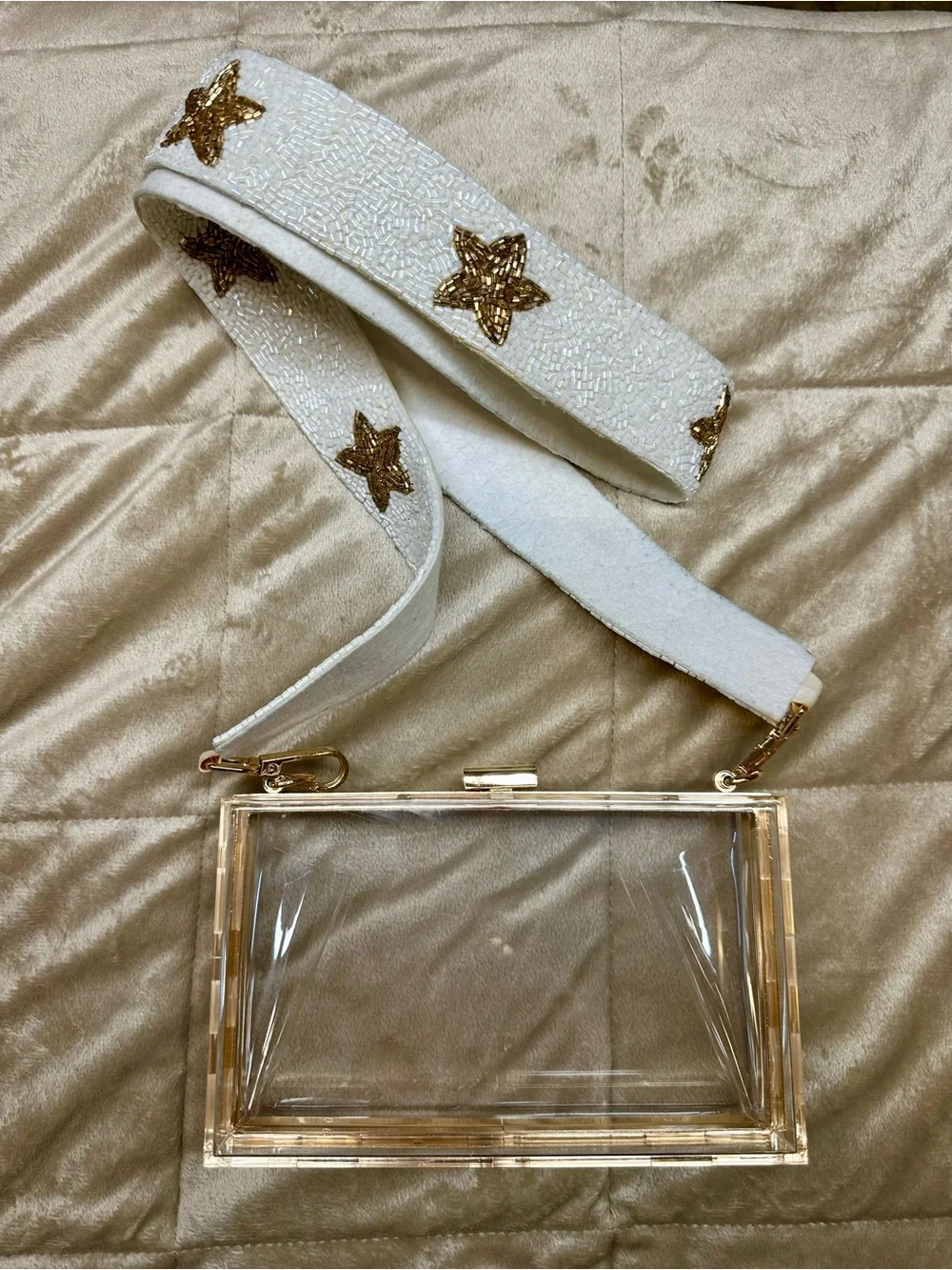 Clear Acrylic purse with Gold Trim and White Star Strap